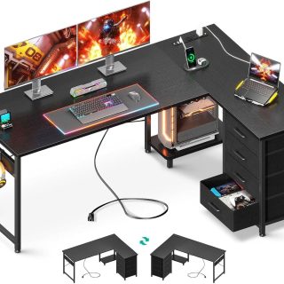 AODK L Shaped Gaming Desk with 4 Drawers, 61" Reversible Home Office Desks with Power Outlets, L Shaped Computer Desk with USB Charging Port and Host Stand, Corner Desk, Easy to Assemble, Black
