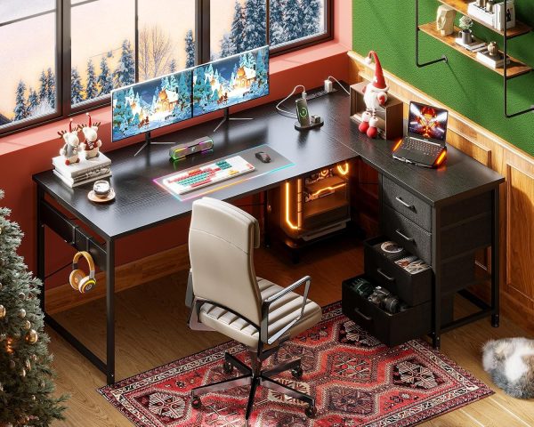 AODK L Shaped Gaming Desk with 4 Drawers, 61" Reversible Home Office Desks with Power Outlets, L Shaped Computer Desk with USB Charging Port and Host Stand, Corner Desk, Easy to Assemble, Black - Image 2