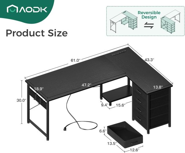 AODK L Shaped Gaming Desk with 4 Drawers, 61" Reversible Home Office Desks with Power Outlets, L Shaped Computer Desk with USB Charging Port and Host Stand, Corner Desk, Easy to Assemble, Black - Image 3
