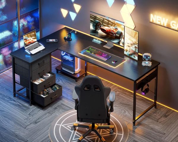 AODK L Shaped Gaming Desk with 4 Drawers, 61" Reversible Home Office Desks with Power Outlets, L Shaped Computer Desk with USB Charging Port and Host Stand, Corner Desk, Easy to Assemble, Black - Image 7