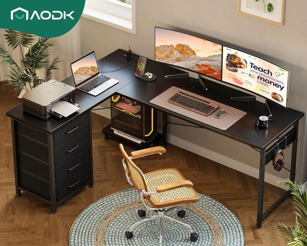 AODK L Shaped Gaming Desk with 4 Drawers, 61" Reversible Home Office Desks with Power Outlets, L Shaped Computer Desk with USB Charging Port and Host Stand, Corner Desk, Easy to Assemble, Black - Image 8