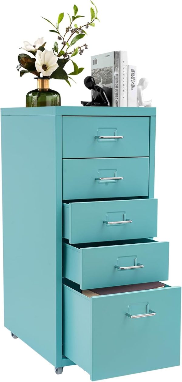 Deep Vertical Filing Cabinet, File Cabinet Rectangular Freestanding Organiser Metal File Storage Organizer 5-Drawer Storage with Wheels for Kitchen, Bedroom, Living Room, Blue