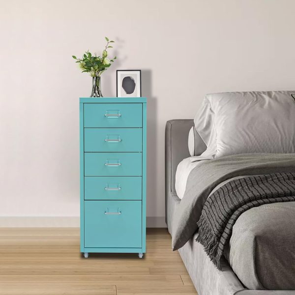 Deep Vertical Filing Cabinet, File Cabinet Rectangular Freestanding Organiser Metal File Storage Organizer 5-Drawer Storage with Wheels for Kitchen, Bedroom, Living Room, Blue - Image 2