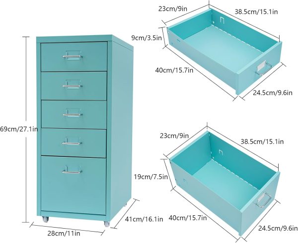 Deep Vertical Filing Cabinet, File Cabinet Rectangular Freestanding Organiser Metal File Storage Organizer 5-Drawer Storage with Wheels for Kitchen, Bedroom, Living Room, Blue - Image 3