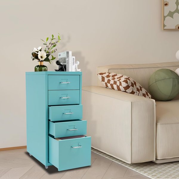 Deep Vertical Filing Cabinet, File Cabinet Rectangular Freestanding Organiser Metal File Storage Organizer 5-Drawer Storage with Wheels for Kitchen, Bedroom, Living Room, Blue - Image 4