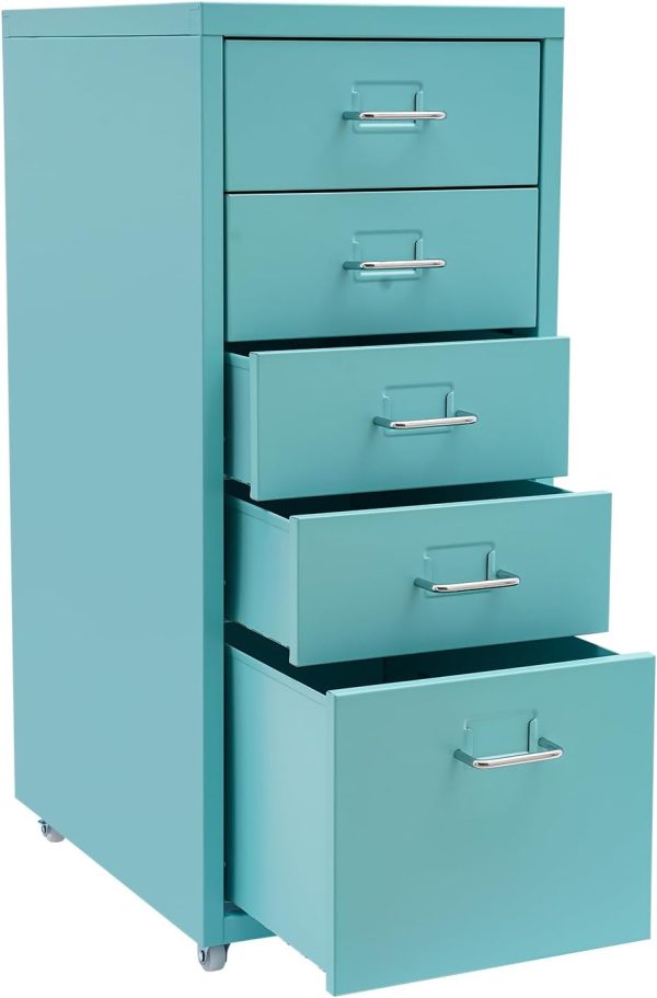 Deep Vertical Filing Cabinet, File Cabinet Rectangular Freestanding Organiser Metal File Storage Organizer 5-Drawer Storage with Wheels for Kitchen, Bedroom, Living Room, Blue - Image 5