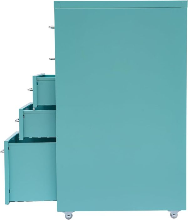 Deep Vertical Filing Cabinet, File Cabinet Rectangular Freestanding Organiser Metal File Storage Organizer 5-Drawer Storage with Wheels for Kitchen, Bedroom, Living Room, Blue - Image 6