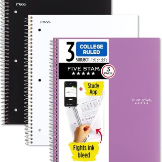Five Star Spiral Notebook + Study App, 3 Pack, 3 Subject, College Ruled Paper, Fights Ink Bleed, Water Resistant Cover, 8-1/2" x 11", 150 Sheets, Black, White, Purple (820192)