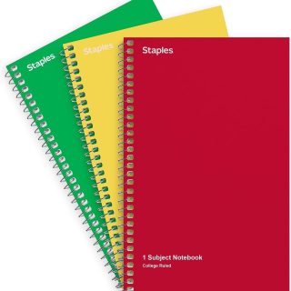 STAPLES Spiral Notebooks, 1-Subject College Ruled Paper, 5 x 7.75 Inch, 80-Sheets, 3-Pack, Assorted Colors