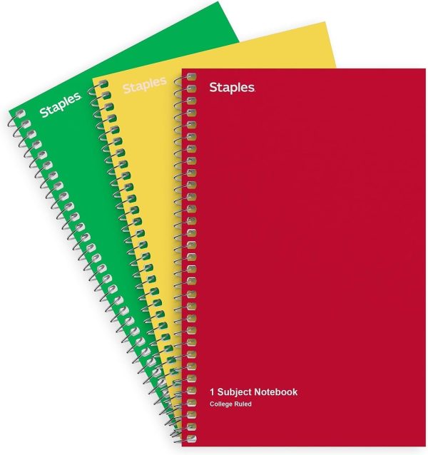 STAPLES Spiral Notebooks, 1-Subject College Ruled Paper, 5 x 7.75 Inch, 80-Sheets, 3-Pack, Assorted Colors